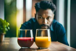 un hombre sentado a un mesa con dos lentes de jugo. generado por ai foto