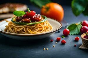 spaghetti with tomato sauce and fresh berries. AI-Generated photo