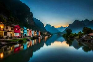 colorful houses on the banks of a river at sunset. AI-Generated photo