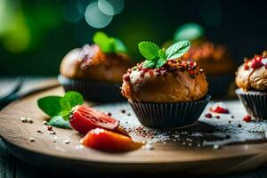 cupcakes with strawberries and mint on a wooden plate. AI-Generated photo