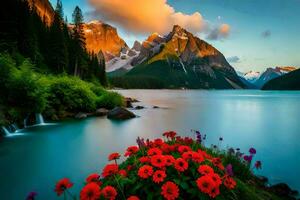 the flowers are blooming in the mountains at sunset. AI-Generated photo