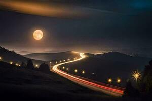 a road with lights and a full moon in the sky. AI-Generated photo