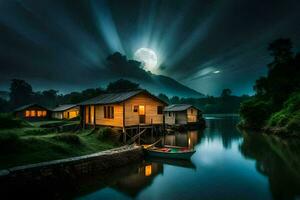 foto fondo de pantalla el cielo, noche, luna, bote, casa, río, agua, luz de la luna. generado por ai