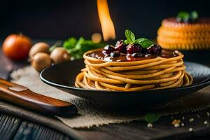 spaghetti with cherry sauce and vegetables on a black plate. AI-Generated photo