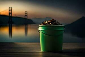a bucket of gold coins on a wooden table in front of a bridge. AI-Generated photo
