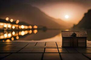 a small house sits on the floor in front of a lake. AI-Generated photo