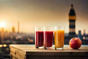 Tres lentes de jugo y un manzana en un mesa con un ciudad horizonte en el antecedentes. generado por ai foto