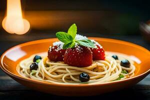 a plate of spaghetti with strawberries and blueberries. AI-Generated photo