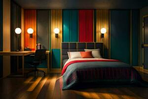 a bedroom with colorful walls and a bed. AI-Generated photo