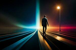 a man in a suit walks down a road with a light at the end. AI-Generated photo