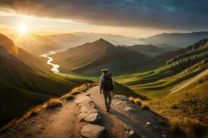 un hombre camina arriba un montaña sendero a puesta de sol. generado por ai foto