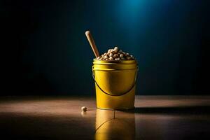 a bucket filled with beans on a table. AI-Generated photo