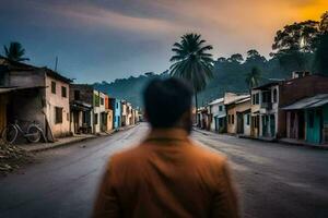 un hombre caminando abajo un calle en un aldea. generado por ai foto