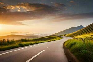 un la carretera en el montañas con un puesta de sol. generado por ai foto