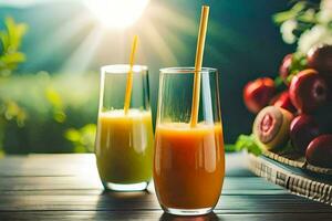 two glasses of juice with straws on a table. AI-Generated photo