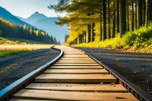 a train track in the middle of a forest. AI-Generated photo