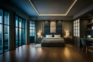 un dormitorio con un grande cama y de madera pisos generado por ai foto