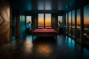 a bedroom with a view of the city at sunset. AI-Generated photo