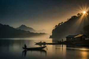 photo wallpaper the sky, sunrise, the mountains, the lake, the boat, the boatman. AI-Generated
