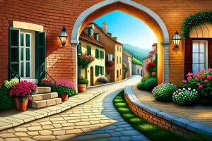 an illustration of a street with flowers and a brick arch. AI-Generated photo