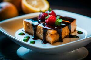 un pedazo de pastel con chocolate salsa y fresas generado por ai foto