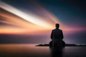 a man in a suit sits on a rock in the middle of the ocean. AI-Generated photo