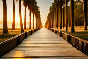 un de madera pasarela Guías a un playa a puesta de sol. generado por ai foto