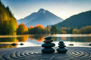 two stones are sitting on a circular stone circle in front of a lake. AI-Generated photo