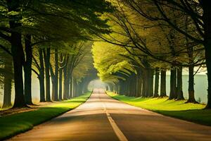 un largo la carretera forrado con arboles y césped. generado por ai foto