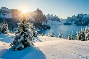 the sun shines over a snowy mountain range and lake. AI-Generated photo