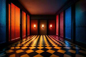 a hallway with colorful lights and a checkered floor. AI-Generated photo