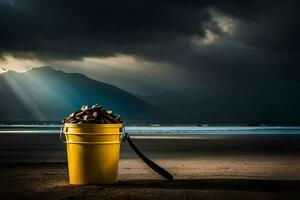 a bucket of shells on the beach with storm clouds in the background. AI-Generated photo