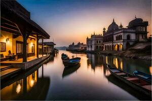 barcos en el río a puesta de sol en India. generado por ai foto