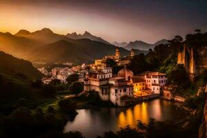 foto fondo de pantalla el cielo, montañas, atardecer, el ciudad, el aldea, el monasterio, el. generado por ai