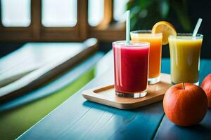 three different types of juices sit on a wooden tray. AI-Generated photo