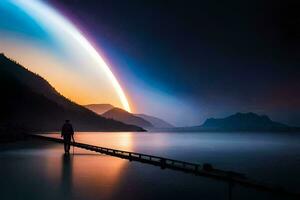 a man stands on a dock looking at a rainbow. AI-Generated photo