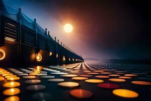 the sun is setting over a row of lights. AI-Generated photo