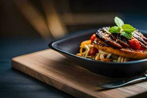 a plate of food with noodles and vegetables. AI-Generated photo