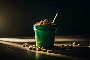 a bucket of peanuts on a table. AI-Generated photo