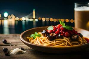 spaghetti with tomato sauce and olives on a wooden table. AI-Generated photo