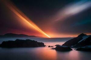 a comet is seen in the sky over rocks and water. AI-Generated photo