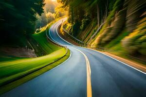 un borroso imagen de un devanado la carretera en el bosque. generado por ai foto