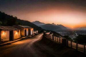 un la carretera líder a un pueblo a puesta de sol. generado por ai foto