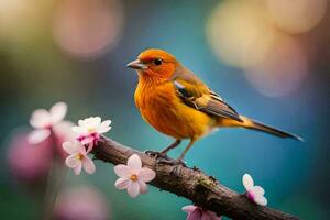 un pequeño naranja pájaro es encaramado en un rama con rosado flores generado por ai foto