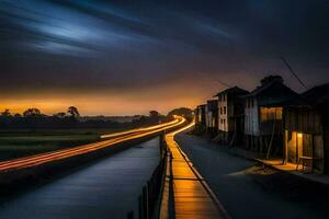 a long exposure photograph of a road and houses at dusk. AI-Generated photo