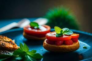 small sandwiches with tomatoes and basil leaves on a black plate. AI-Generated photo