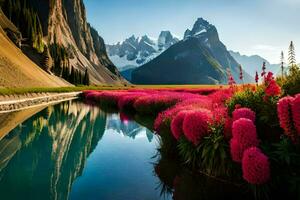 un río con rosado flores y montañas en el antecedentes. generado por ai foto