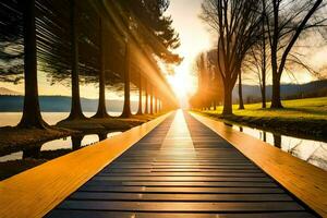 a wooden walkway leads to a lake at sunset. AI-Generated photo