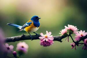 a blue and yellow bird is perched on a branch with pink flowers. AI-Generated photo