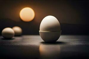 eggs on a table with a light behind them. AI-Generated photo